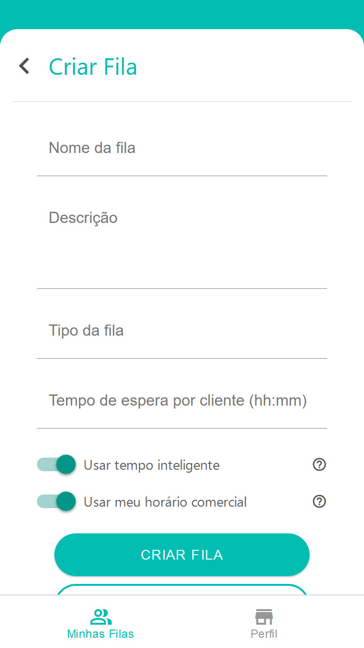 Tela para o estabelecimento criar fila de modo virtual
