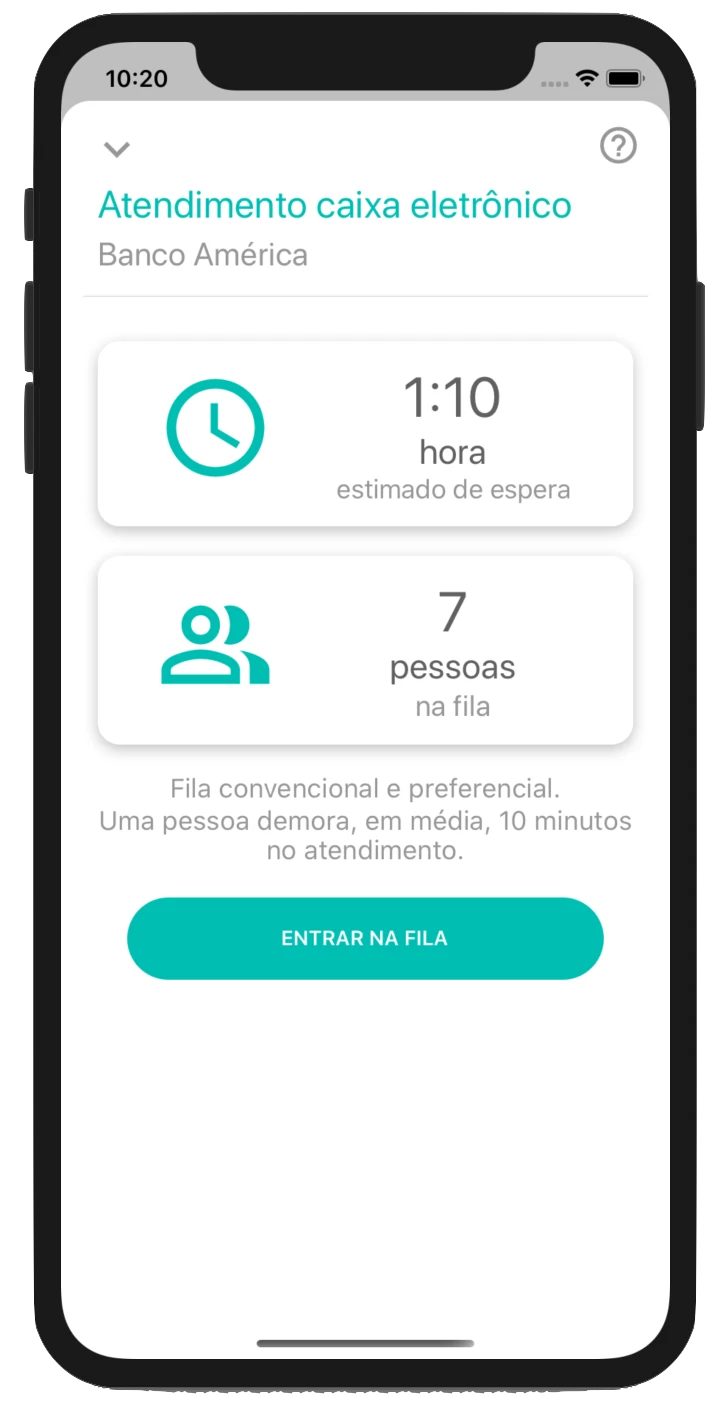 Tela do aplicativo na visão do cliente ao entrar numa fila