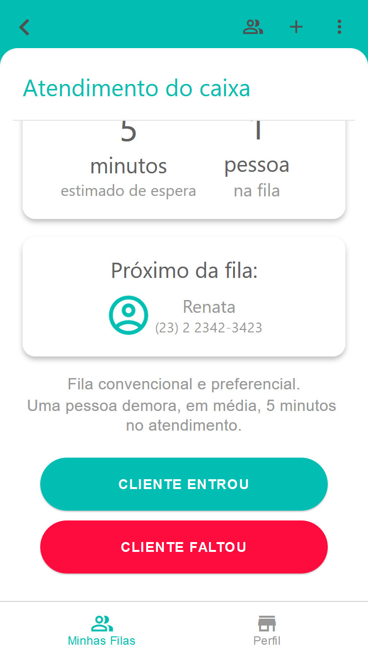 Tela do estabelecimento após chamar o próximo da fila