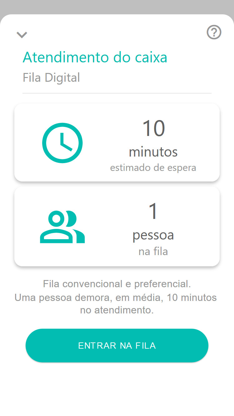 Tela da fila, com informações de tempo de espera, quantidade de pessoas