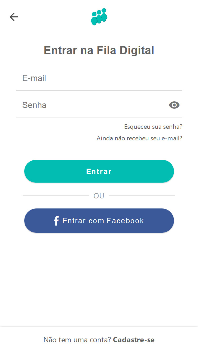 Tela de login do cliente, com possibilidade de entrar com Facebook